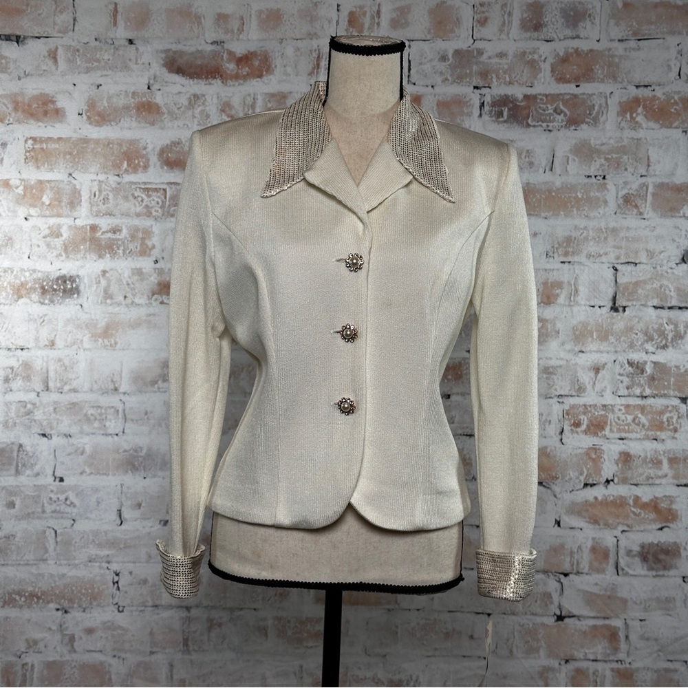 True Vintage 80s Gold Metallic Accent Solid Print Button Down Knit Blazer Jacket